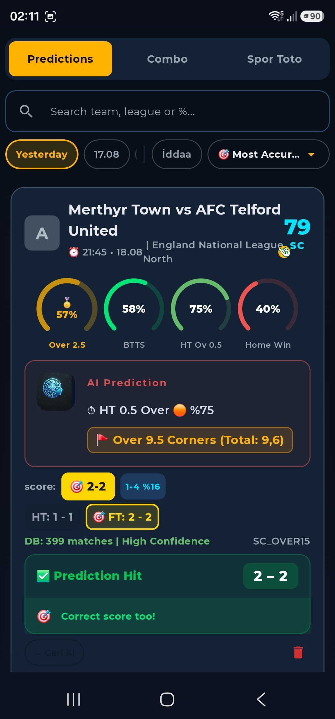 Settled prediction: Prediction Hit and correct score
