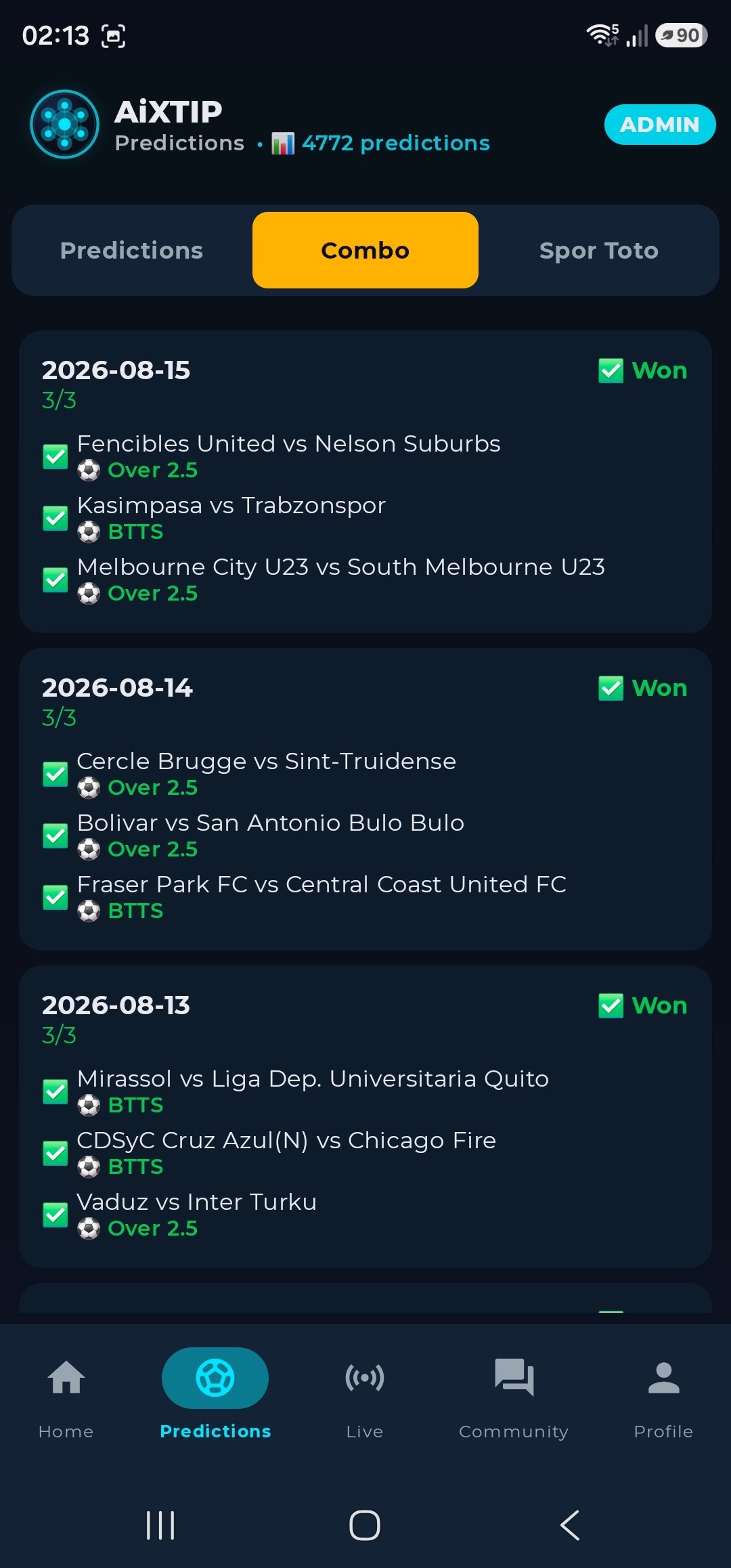 Daily combo history, back-to-back winning days