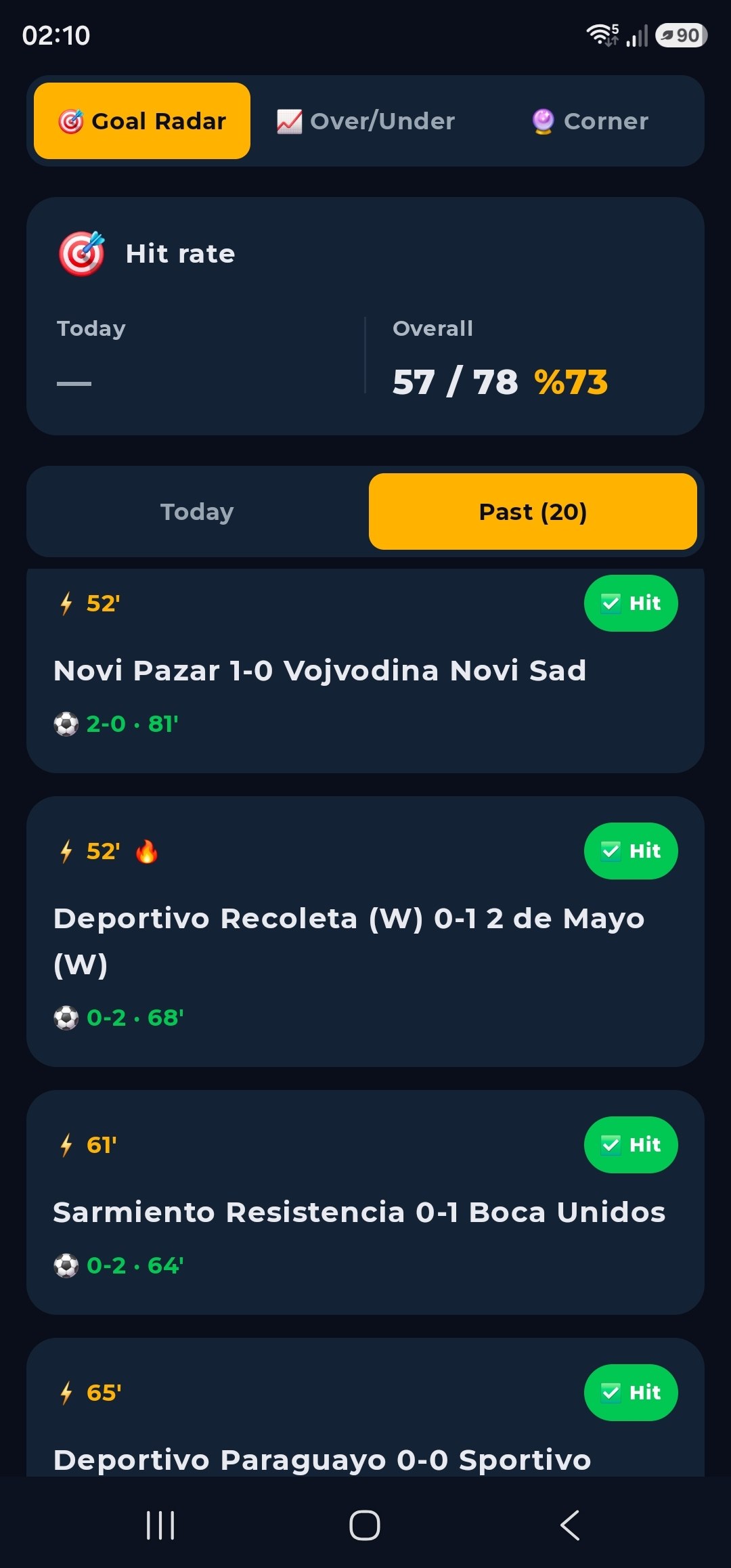 Goal Radar screen, 73% hit rate