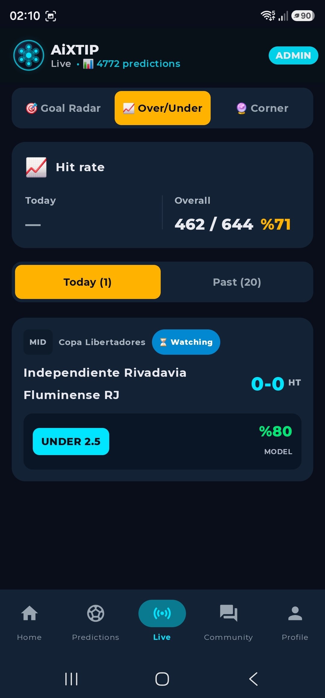 Live Over/Under screen, 71% hit rate